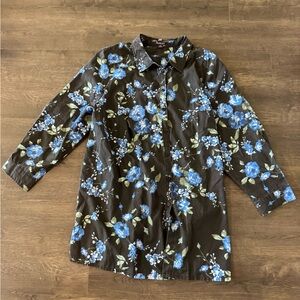 Black Floral Button-Up Long Jacket with Blue Roses